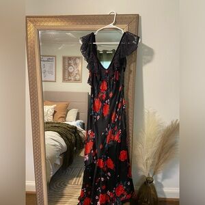 Black silk & lace dress with red flowers (size XS)